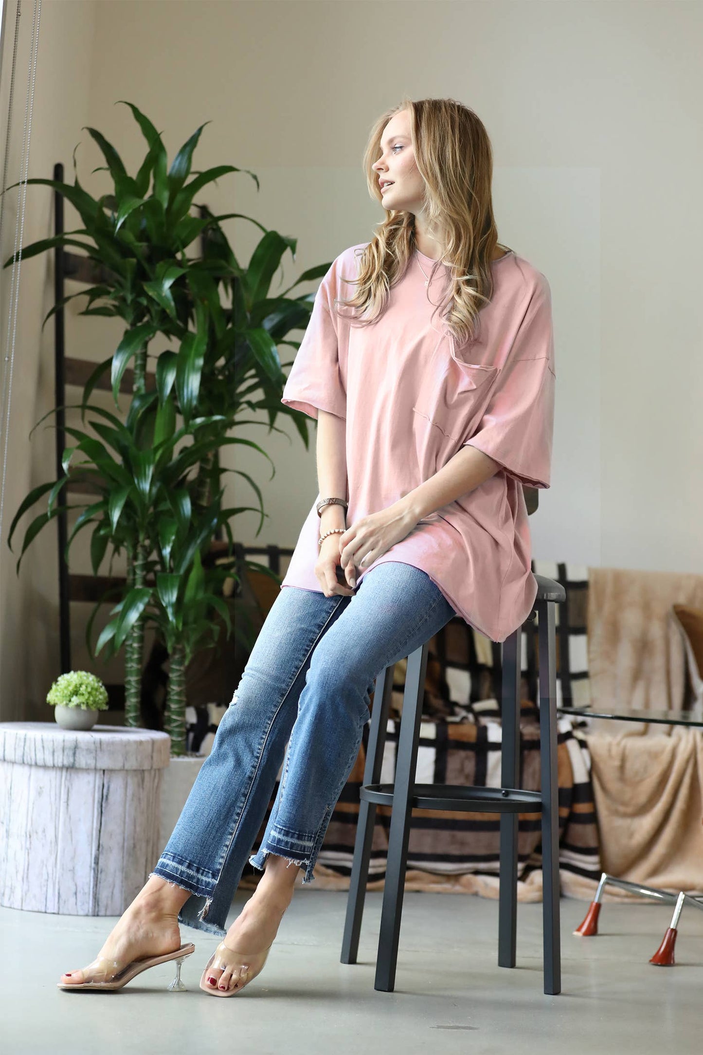 42POPS - ....SI-22602 COTTON OVERSIZED FRONT POCKET RAW EDGE BOYFRIEN: YELLOW-136094 / XS