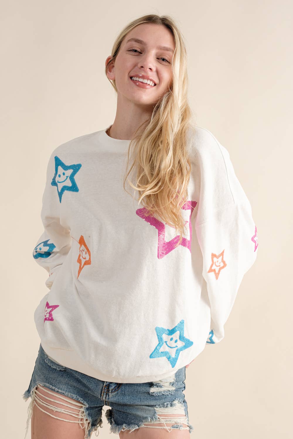 Blue B - 32960T - French Terry Star Sequin Smiley Sweatshirt: S / OFF WHITE