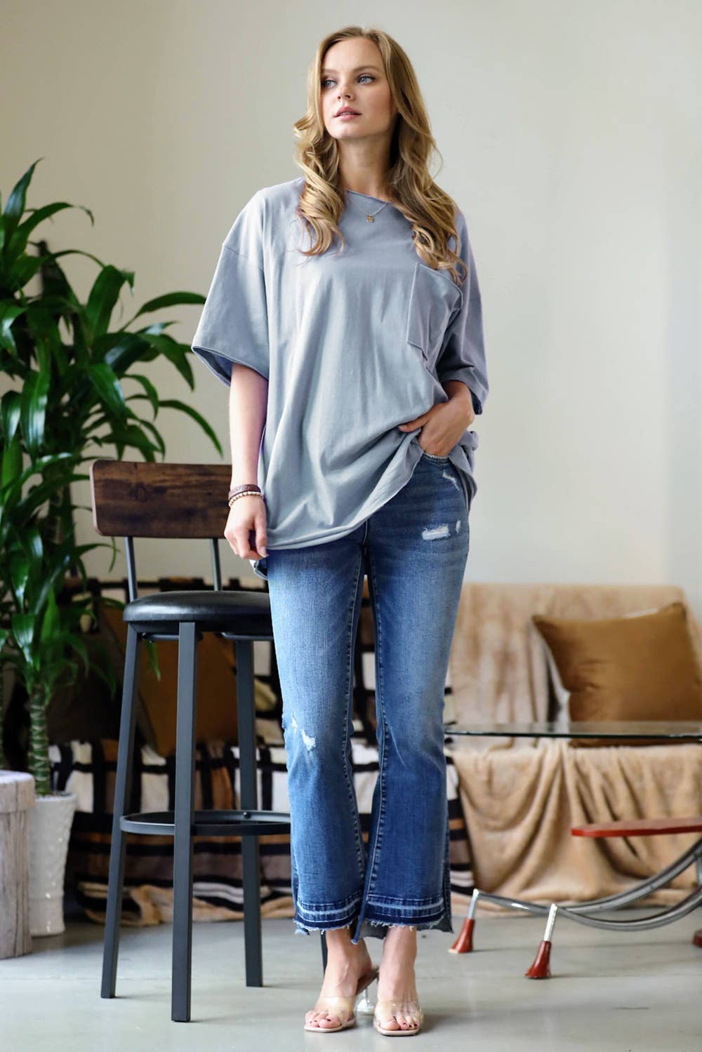 42POPS - ....SI-22602 COTTON OVERSIZED FRONT POCKET RAW EDGE BOYFRIEN: YELLOW-136094 / L
