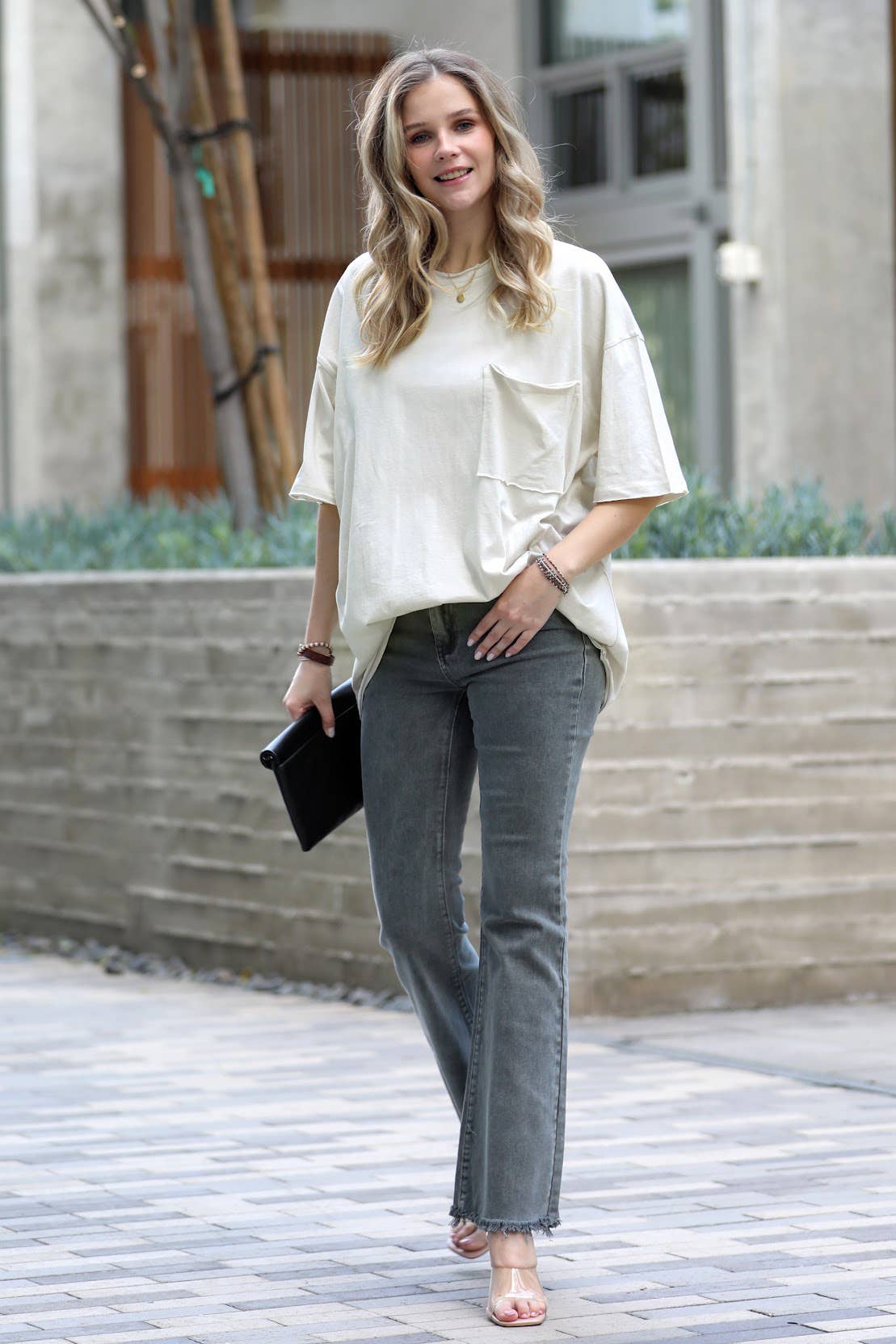 42POPS - ....SI-22602 COTTON OVERSIZED FRONT POCKET RAW EDGE BOYFRIEN: YELLOW-136094 / L