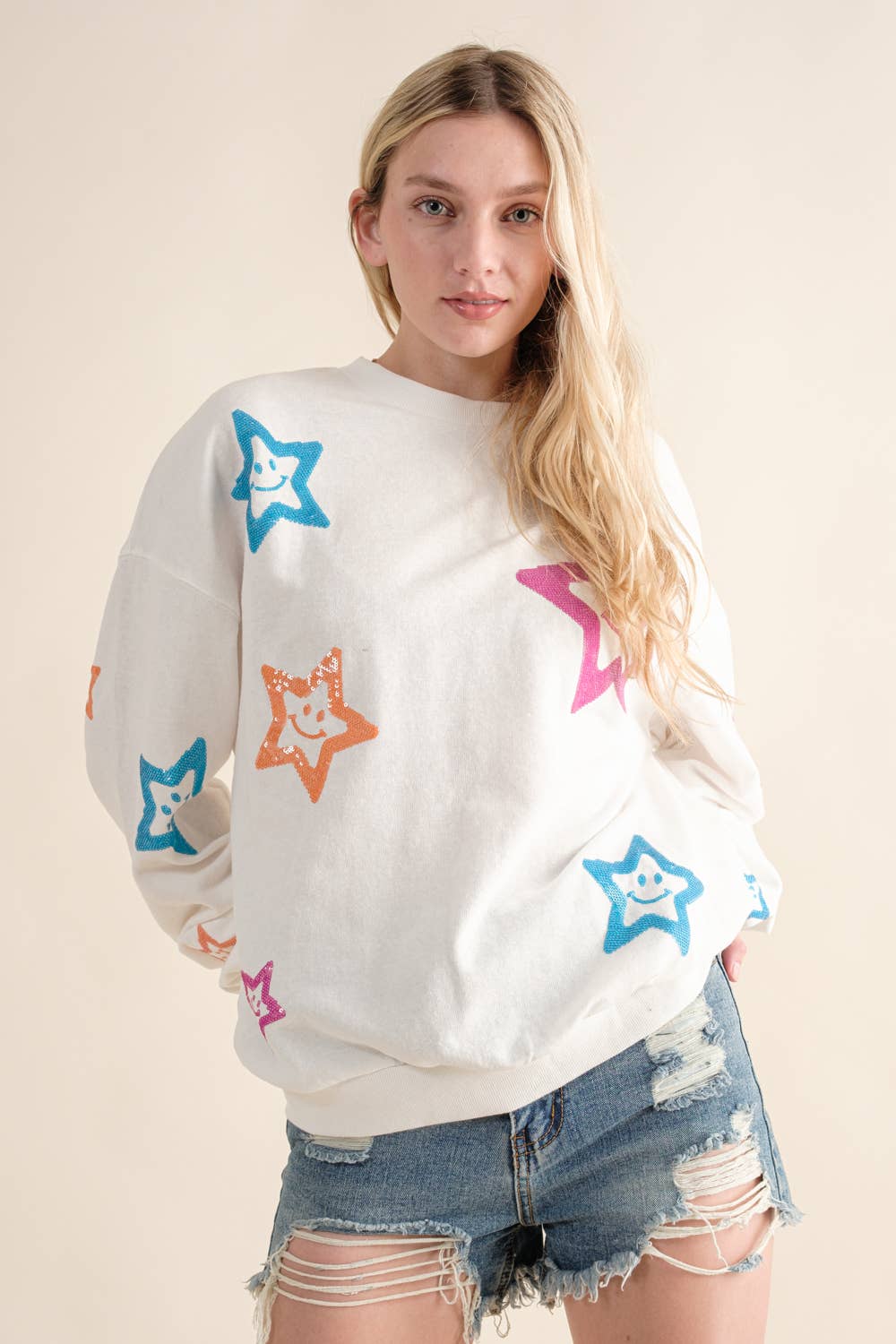Blue B - 32960T - French Terry Star Sequin Smiley Sweatshirt: S / OFF WHITE