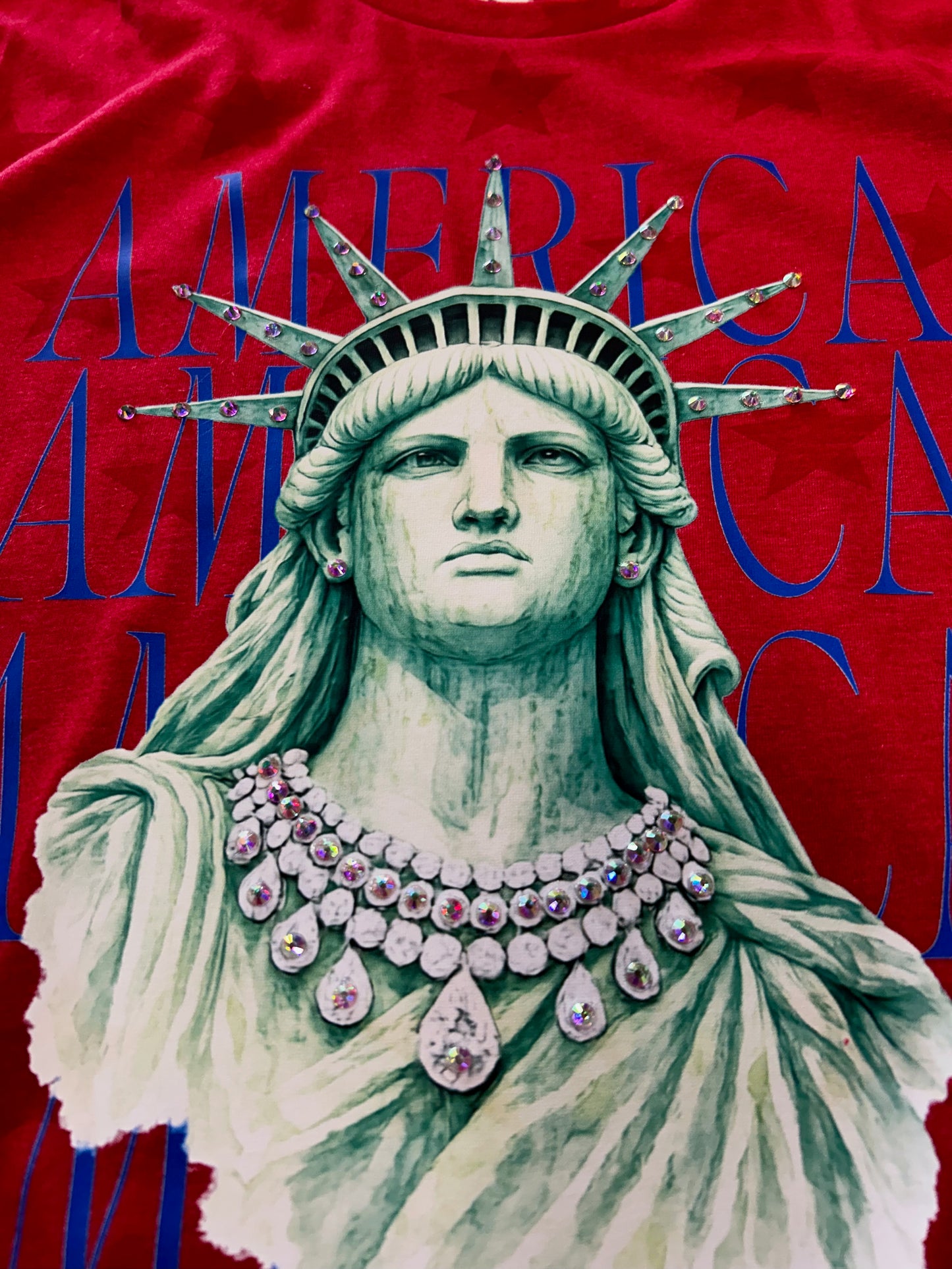 BeDazzled Lady Liberty on Code Five - Star Print Tee Red