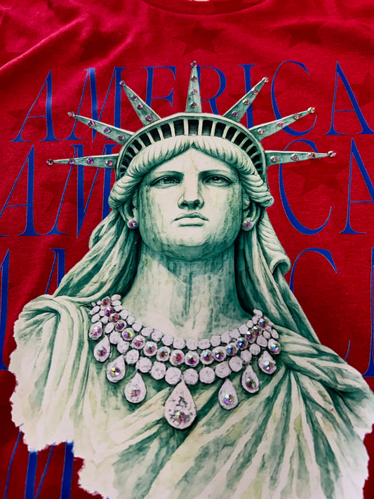 BeDazzled Lady Liberty on Code Five - Star Print Tee Red