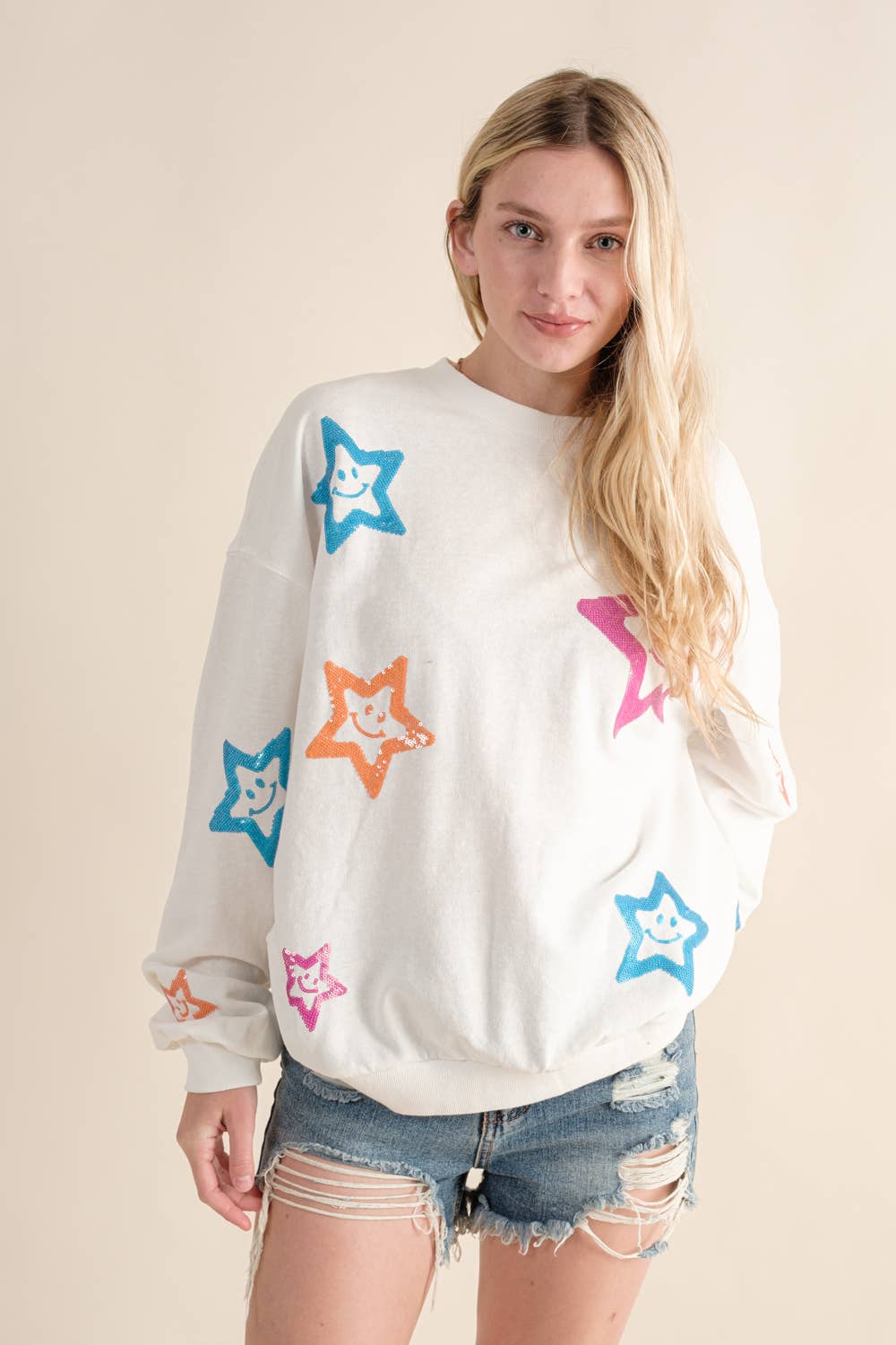 Blue B - 32960T - French Terry Star Sequin Smiley Sweatshirt: S / OFF WHITE