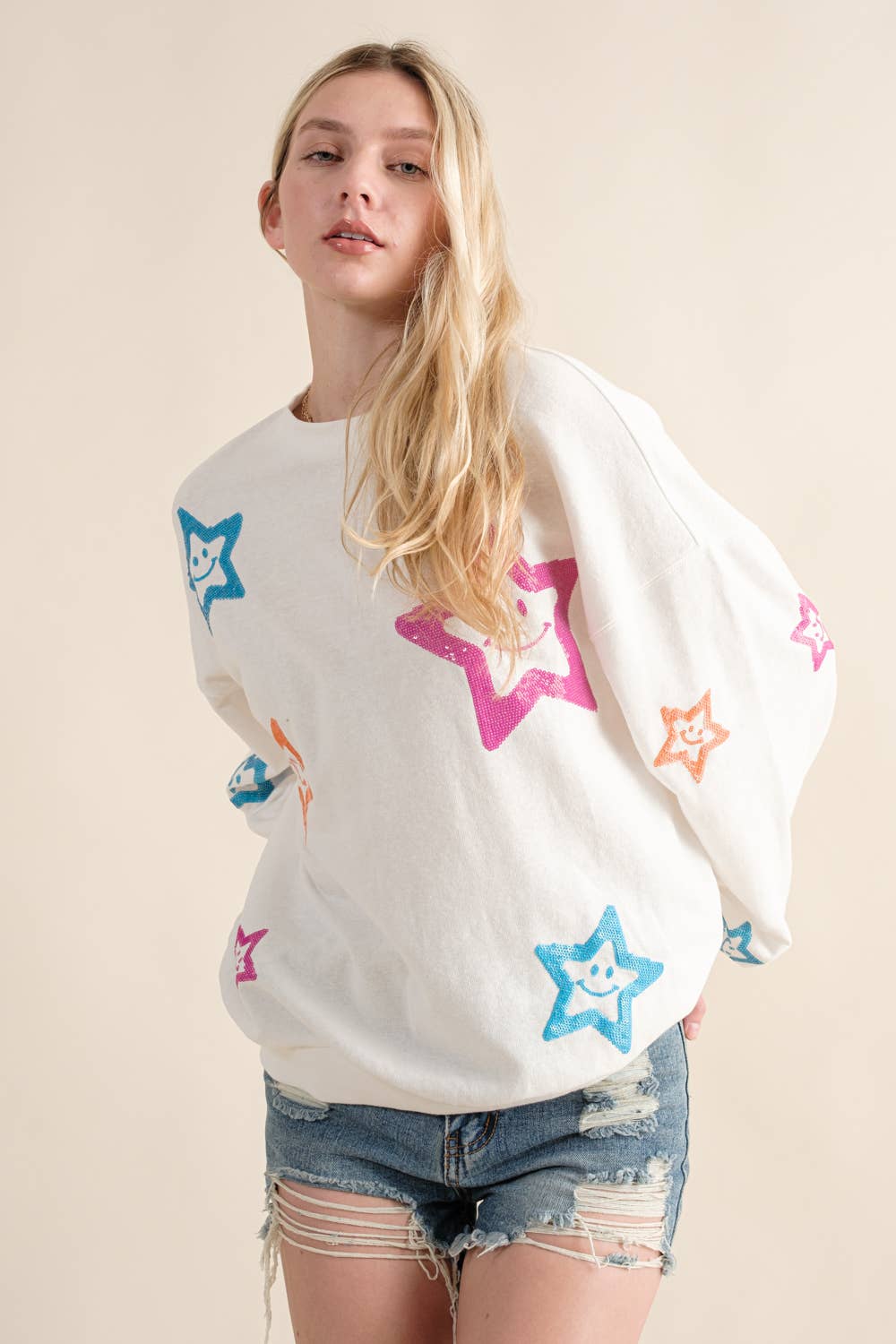 Blue B - 32960T - French Terry Star Sequin Smiley Sweatshirt: L / OFF WHITE