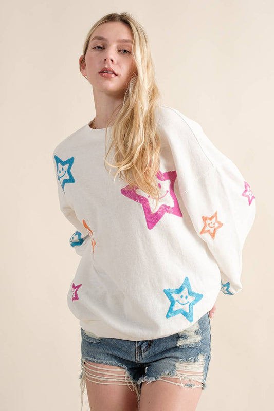 Blue B - 32960T - French Terry Star Sequin Smiley Sweatshirt: M / OFF WHITE